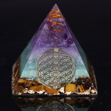 Charger l'image dans la galerie, Amethyst Tiger Eye Flower Of Life Pyramid