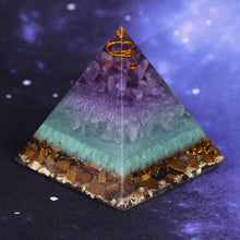 Load image into Gallery viewer, Amethyst Tiger Eye Flower Of Life Pyramid
