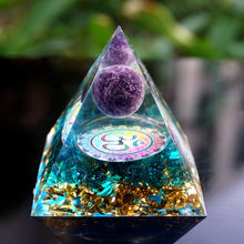 Load image into Gallery viewer, Amethyst Sphere Blue Quartz Om Pyramid