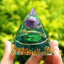 Load image into Gallery viewer, Amethyst Sphere Blue Quartz Tree Of Life Pyramid
