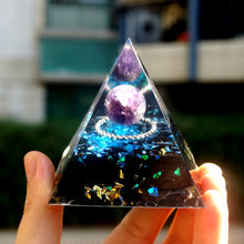 Load image into Gallery viewer, Amethyst Sphere Obsidian Metal Ring Pyramid
