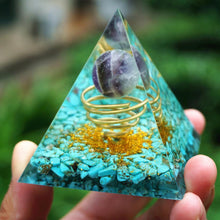 Load image into Gallery viewer, Amethyst Sphere Turquoise Brass Pyramid
