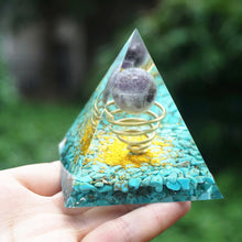 Load image into Gallery viewer, Amethyst Sphere Turquoise Brass Pyramid
