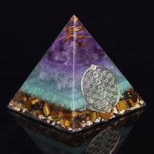 Load image into Gallery viewer, Amethyst Tiger Eye Flower Of Life Pyramid

