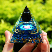 Load image into Gallery viewer, Obsidian Sphere Blue Quartz Gear Pyramid
