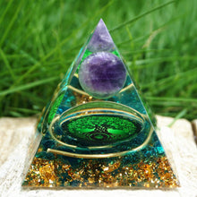 Load image into Gallery viewer, Amethyst Sphere Blue Quartz Tree Of Life Pyramid
