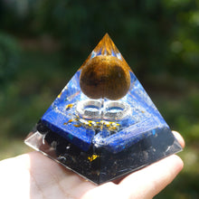 Load image into Gallery viewer, Tiger Eye Sphere Lapis Lazuli Obsidian Pyramid
