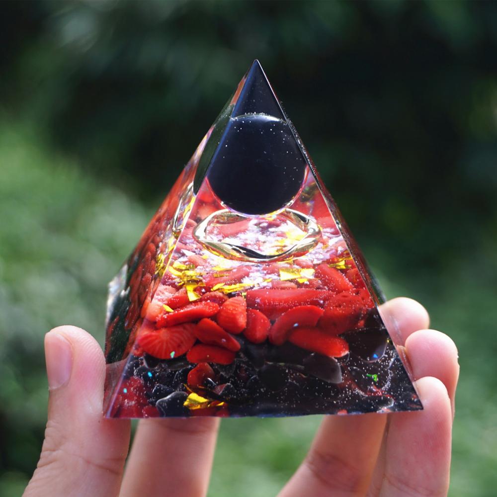 Obsidian Sphere Red Coral Pyramid